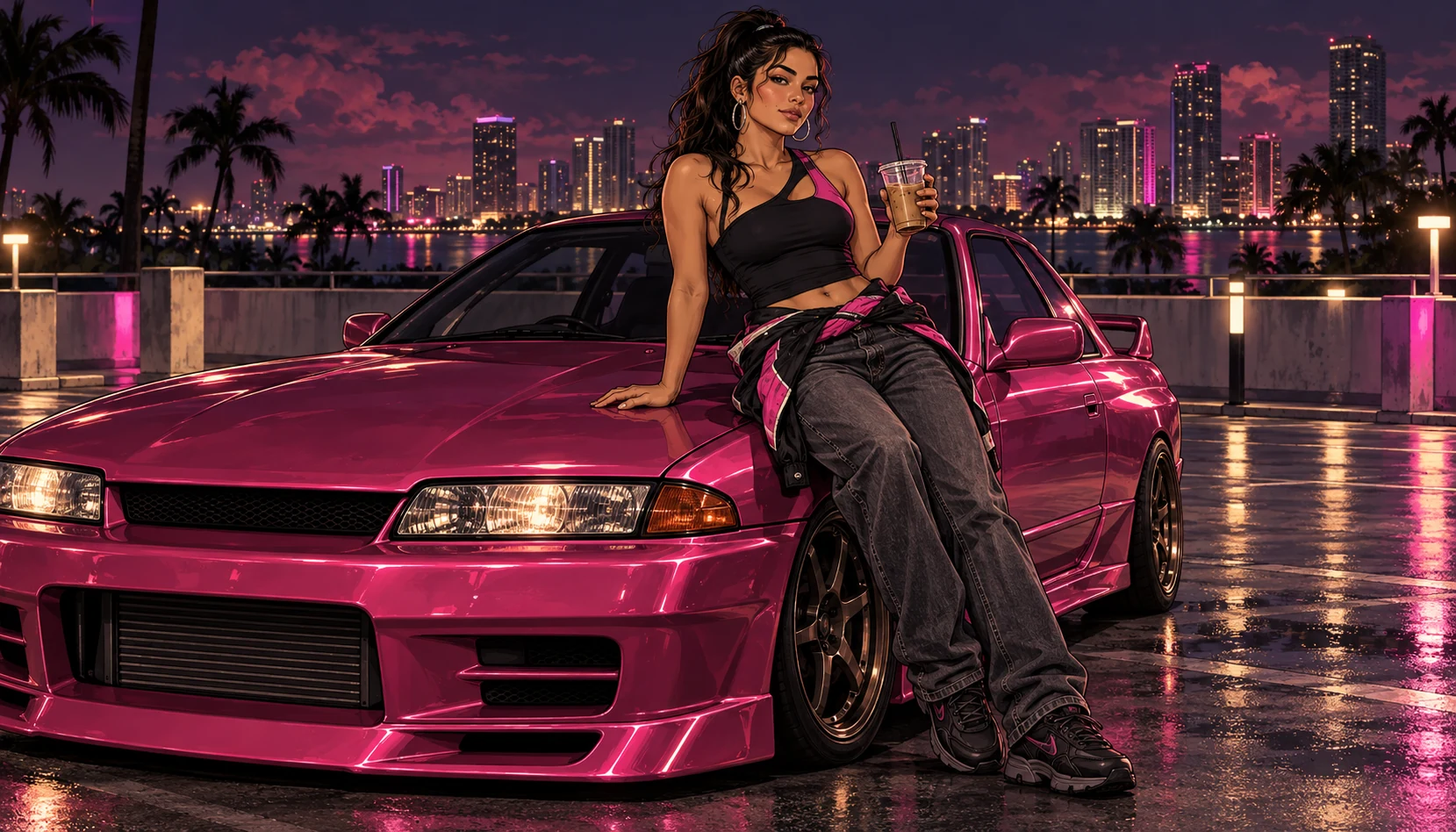 Lola, an adult woman with a dark ponytail and silver hoops, leaning on her pink coupe beside the city waterfront at night.